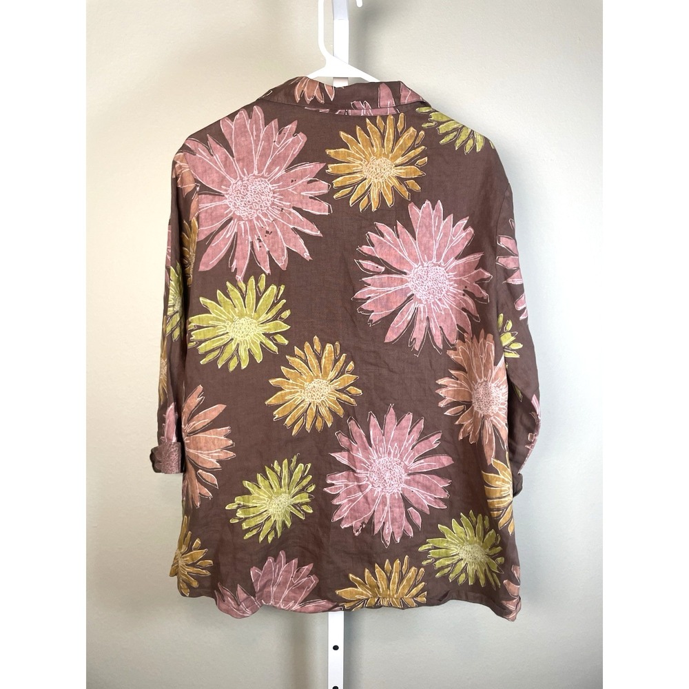 Fresh Produce Linen Button Up Shirt Small Brown Floral Beach Vacation Blouse Top - Picture 4 of 9